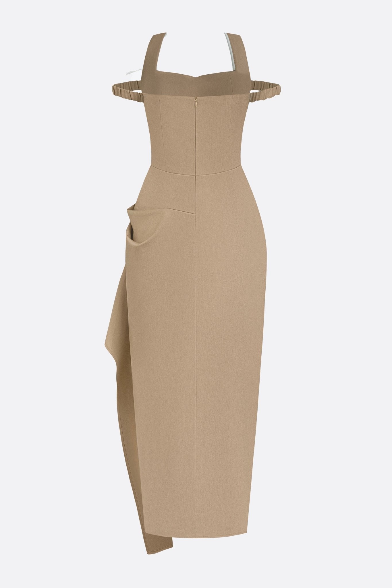 Beige Crepe Draped Midi Dress with Contrast Neckline
