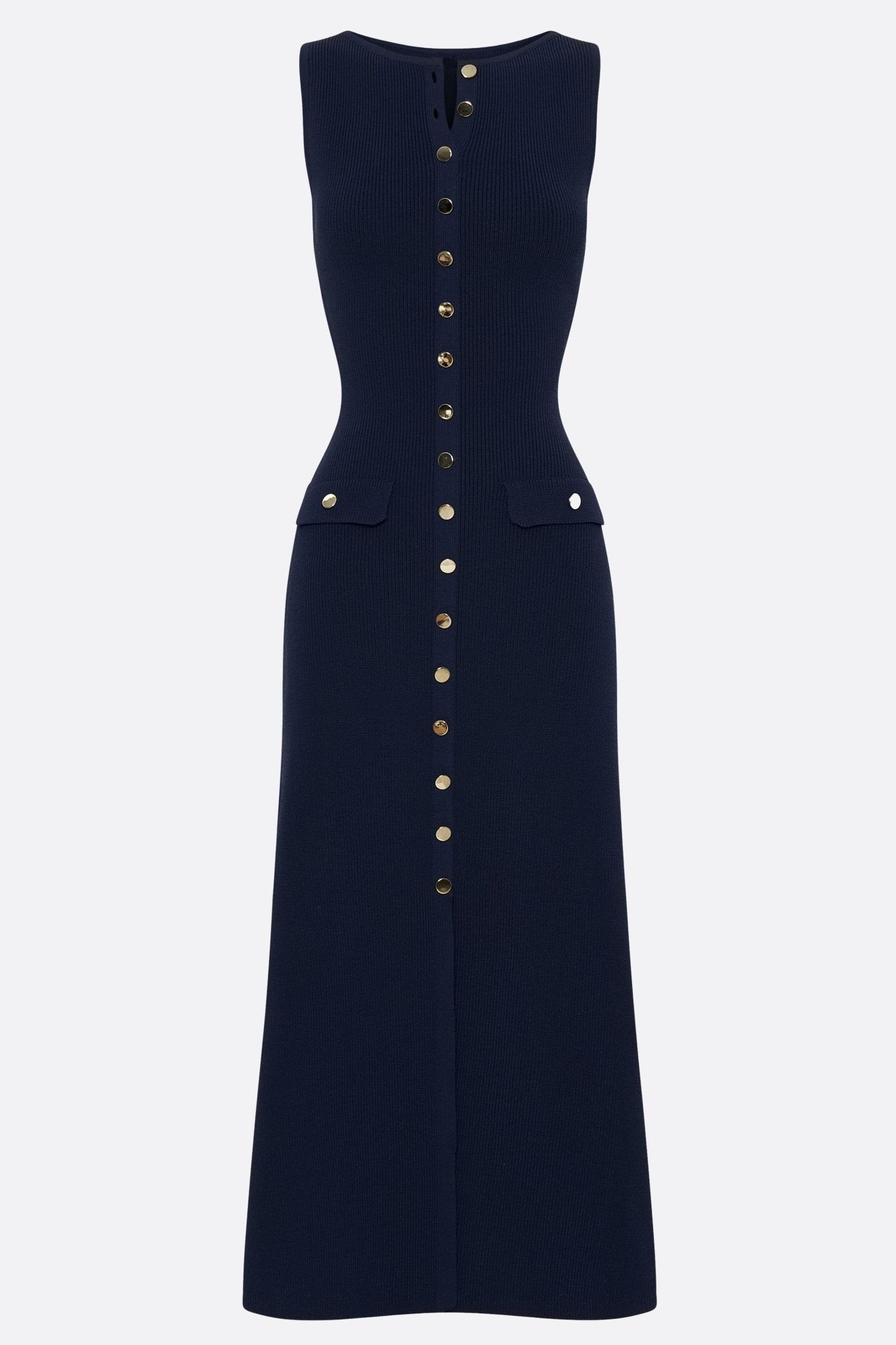 Navy Blue Ribbed Knit Sleeveless Midi Dress with Gold Buttons