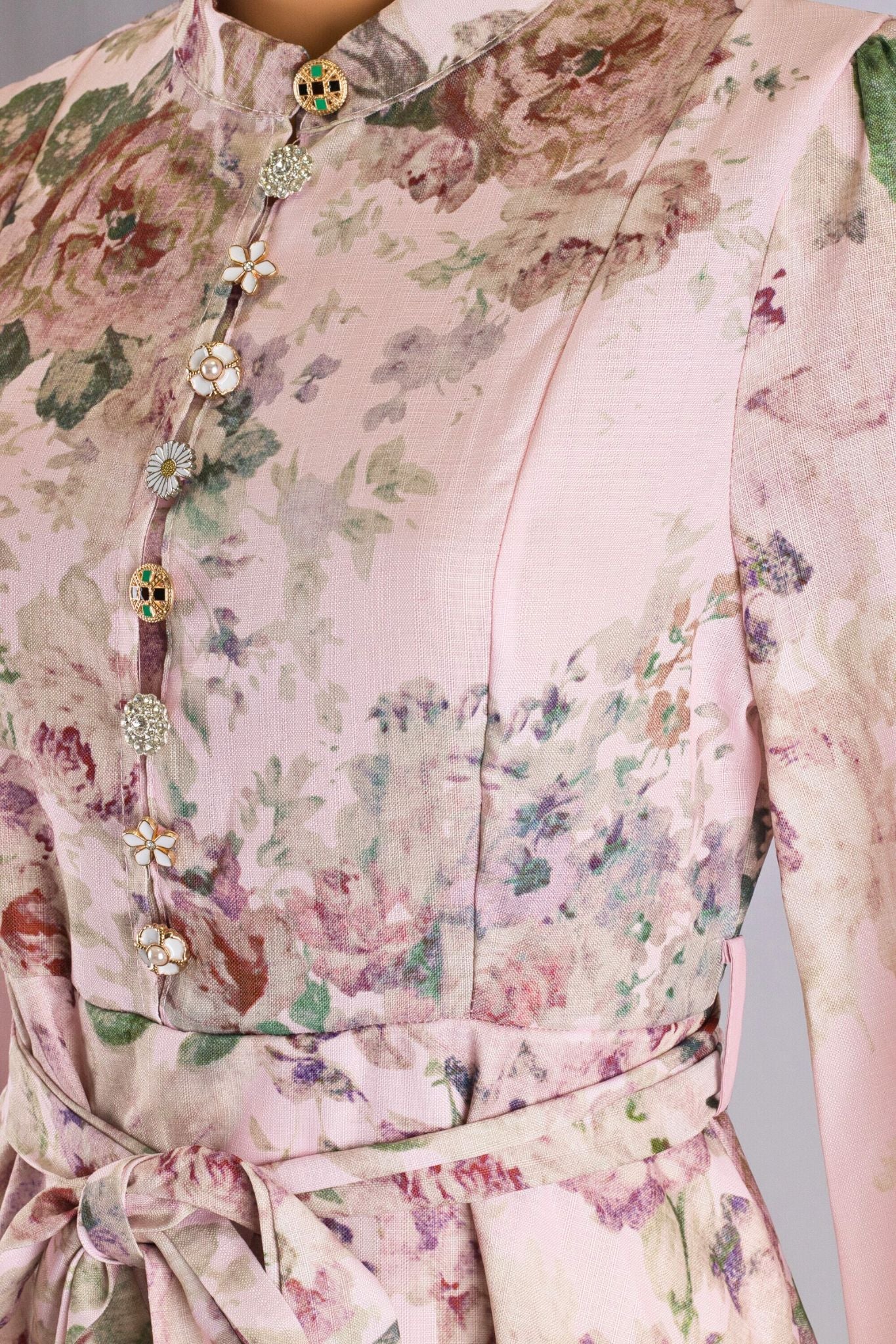 Pink Floral Maxi Dress with Jewel Buttons & Belt
