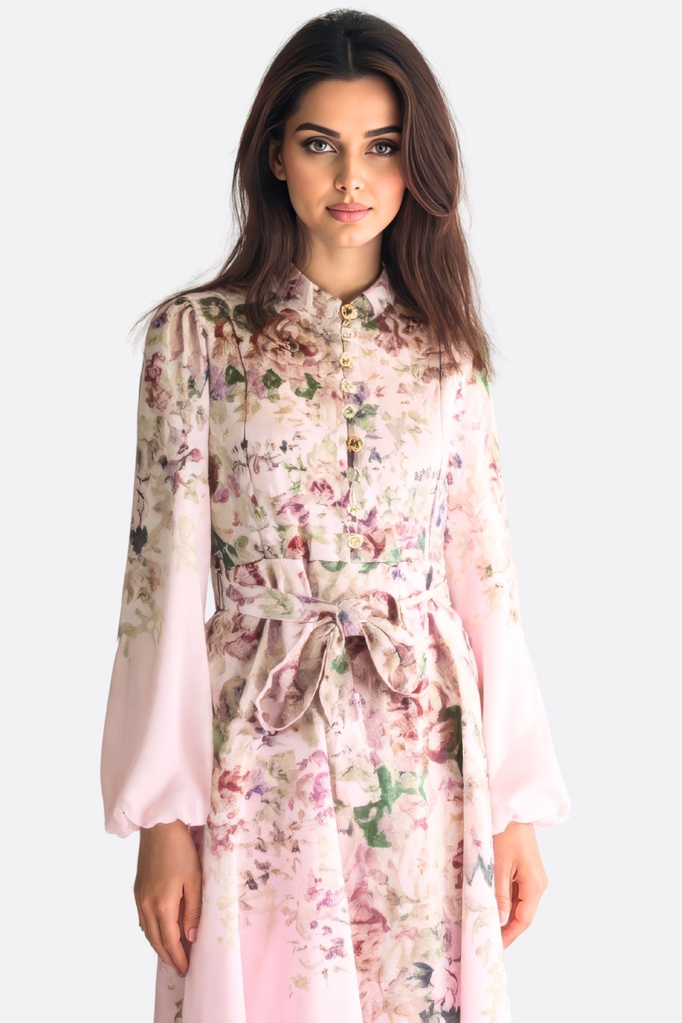 Pink Floral Maxi Dress with Jewel Buttons & Belt