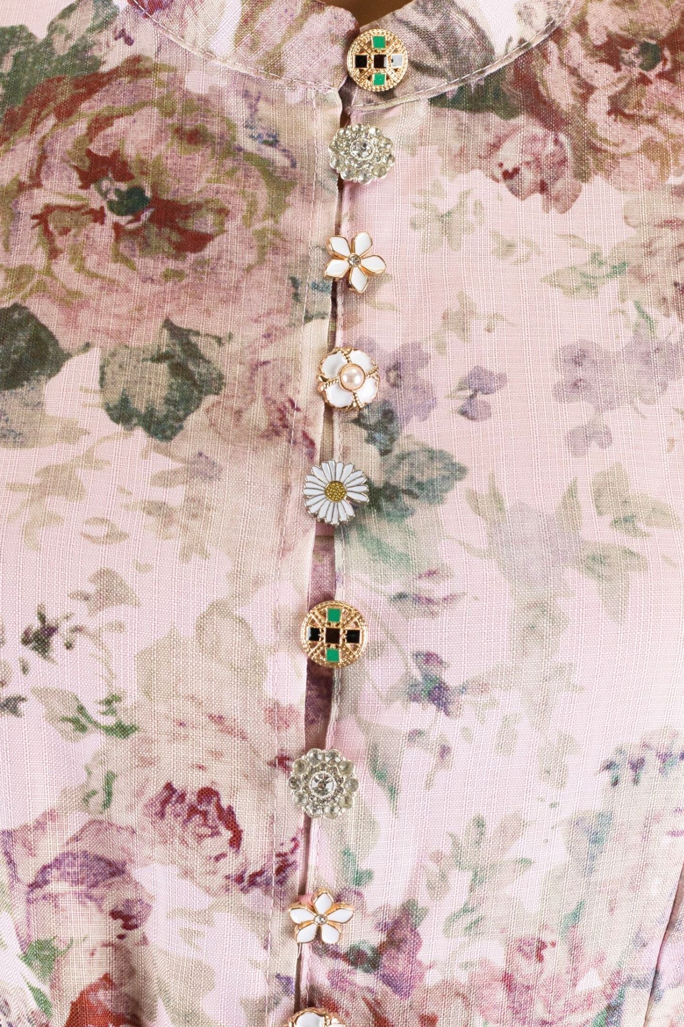 Pink Floral Maxi Dress with Jewel Buttons & Belt
