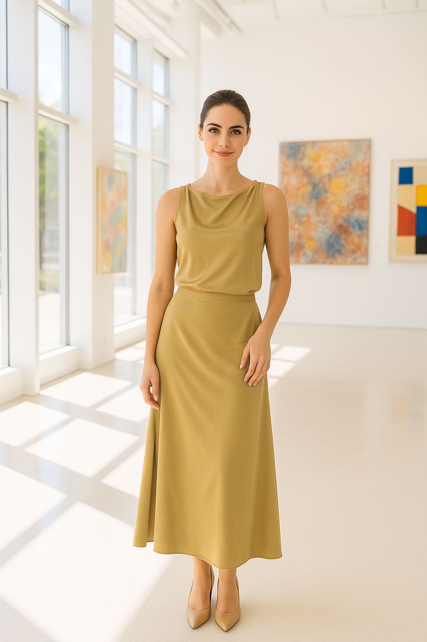 Beige Satin Midi Dress with Halter Neckline