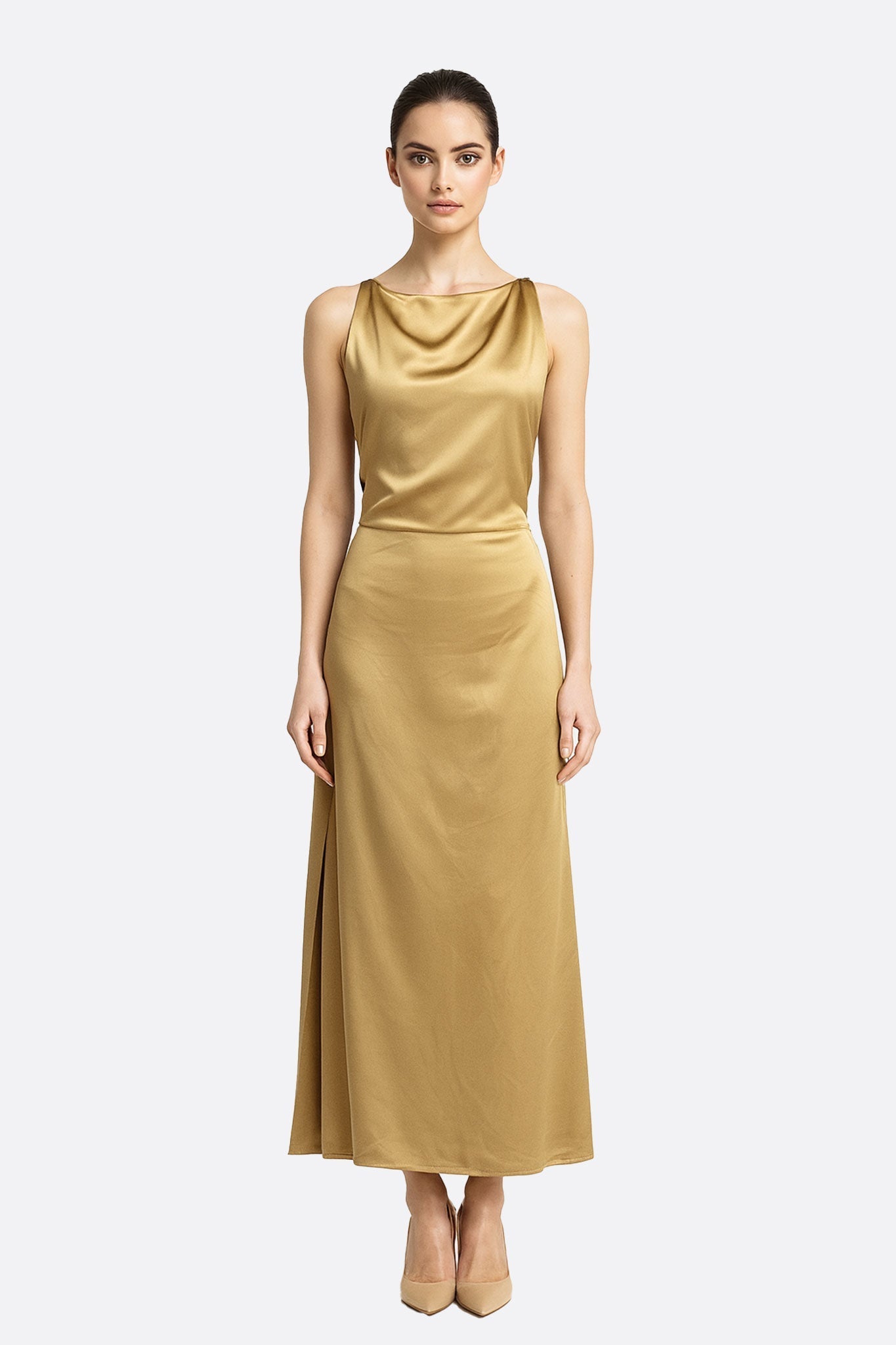 Beige Satin Midi Dress with Halter Neckline