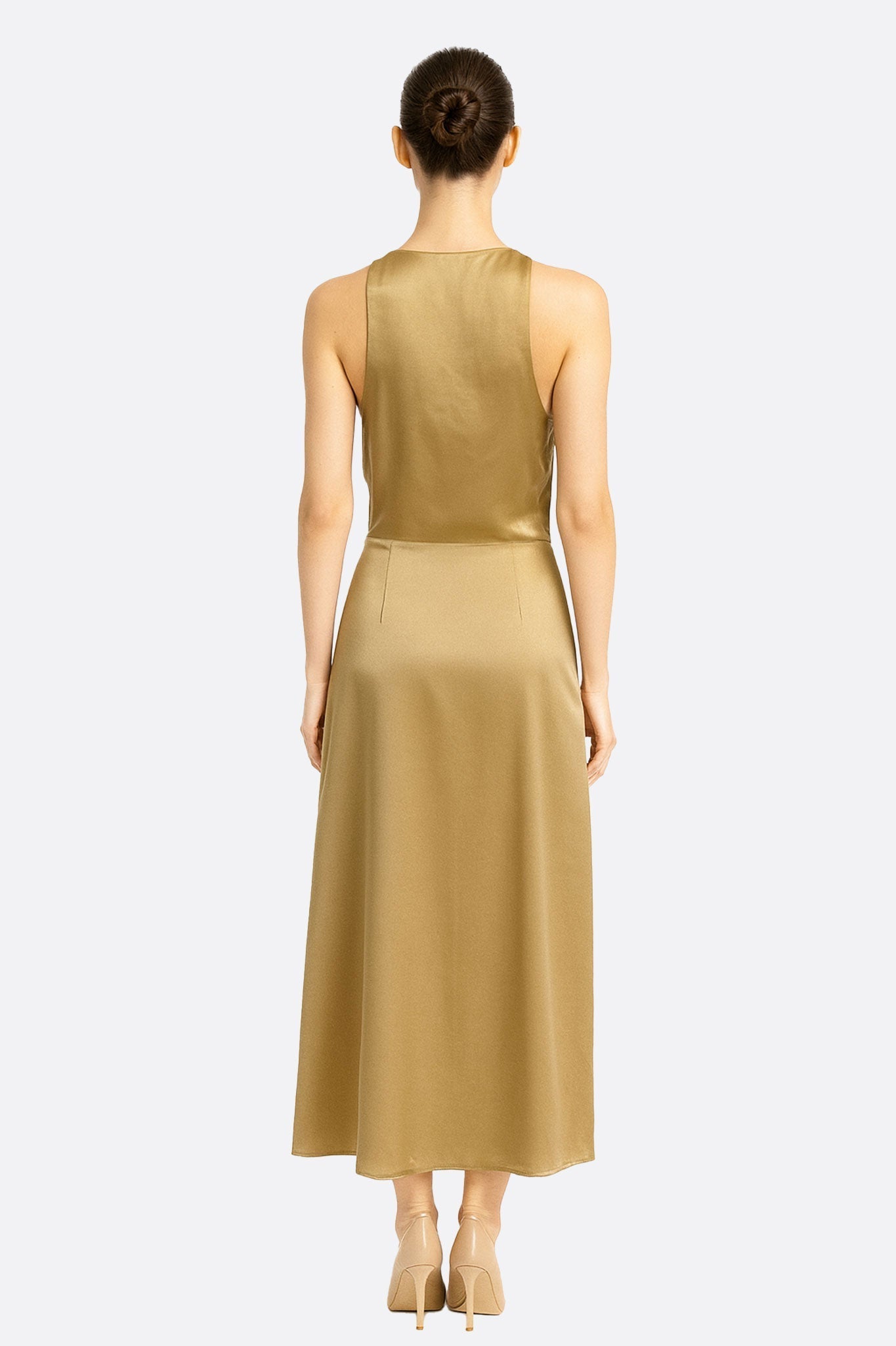 Beige Satin Midi Dress with Halter Neckline