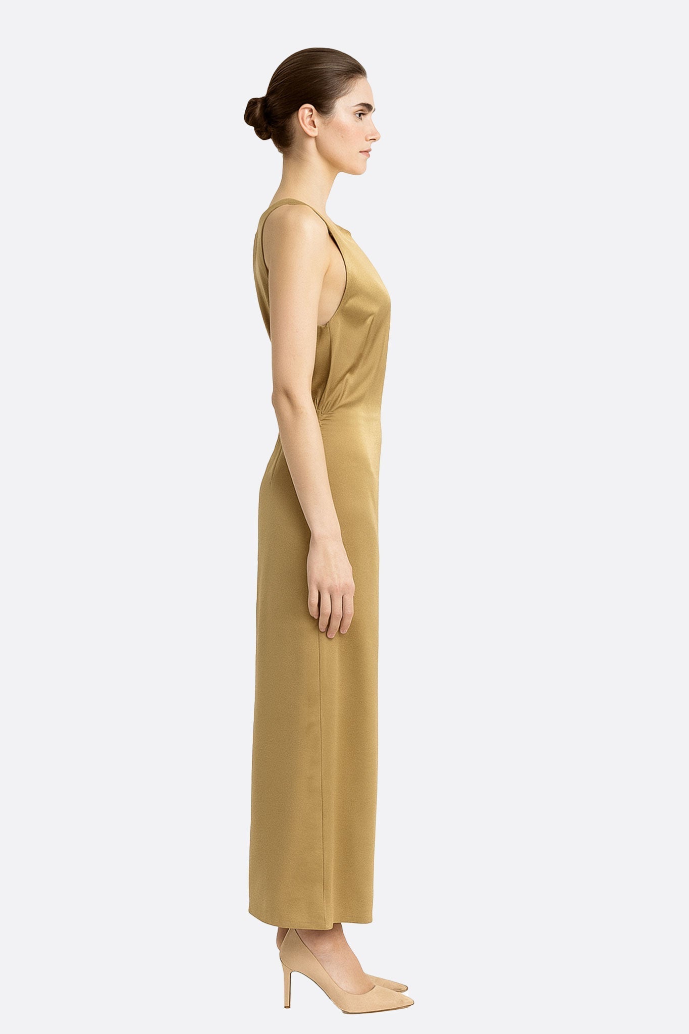 Beige Satin Midi Dress with Halter Neckline