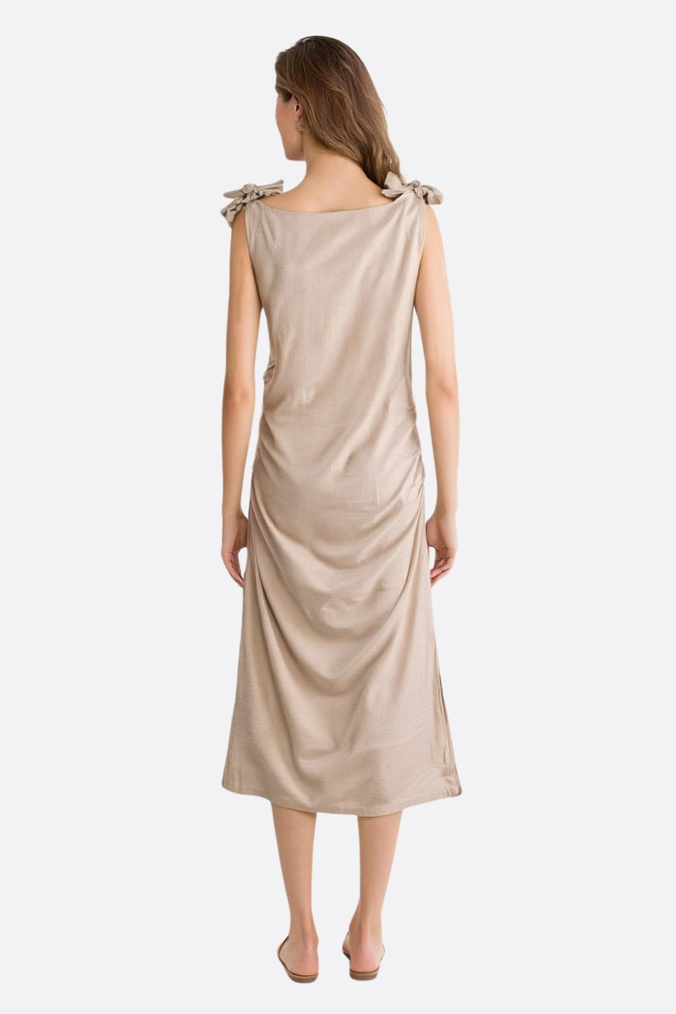 Beige Linen Midi Dress with Tie Shoulder Straps