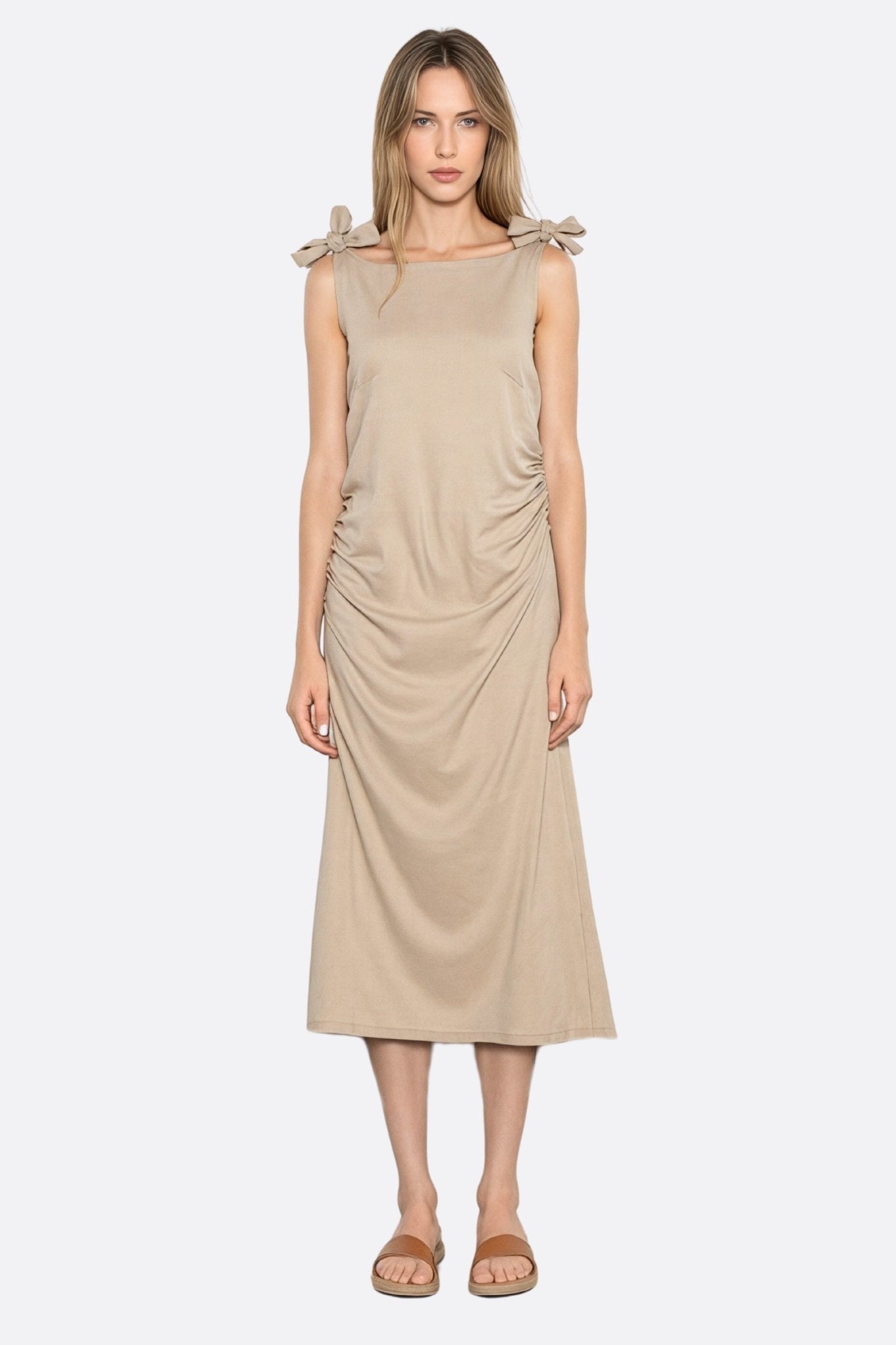 Beige Linen Midi Dress with Tie Shoulder Straps