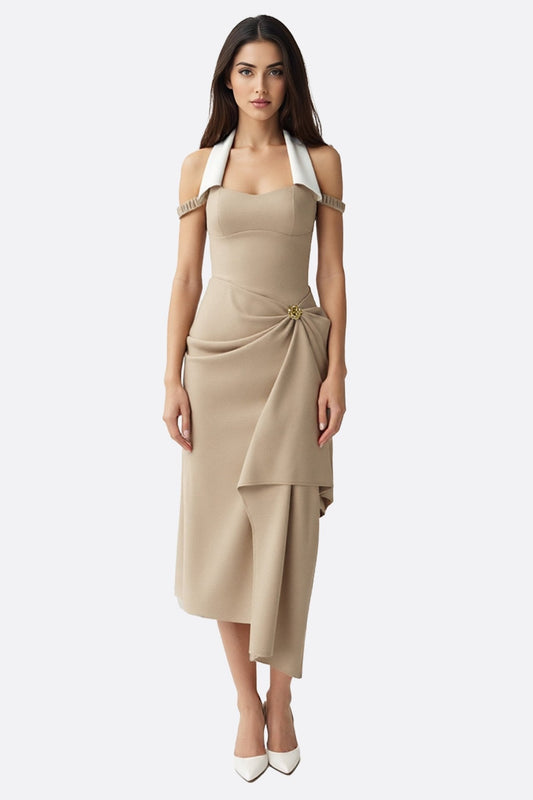 Beige Crepe Draped Midi Dress with Contrast Neckline