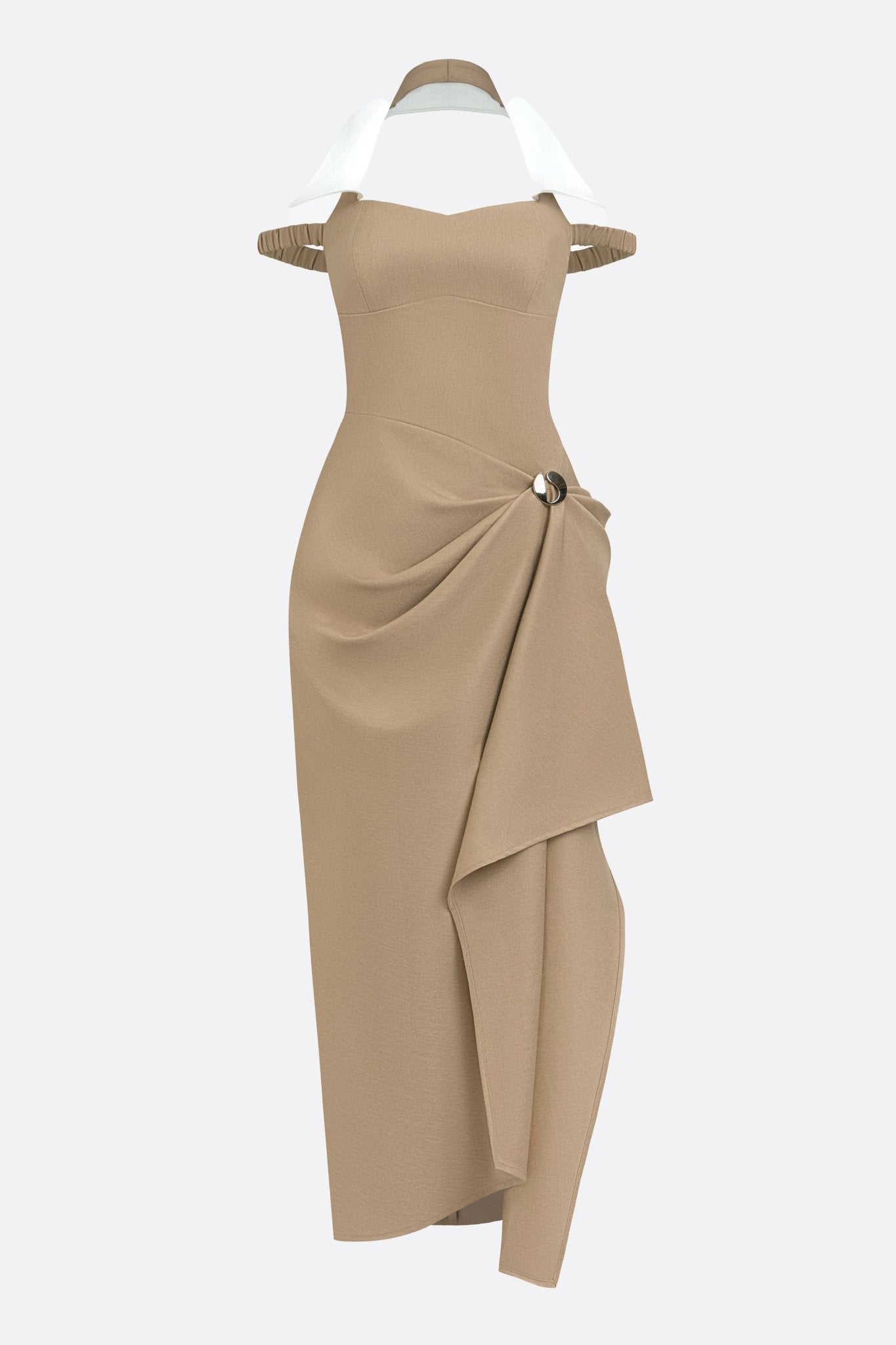 Beige Crepe Draped Midi Dress with Contrast Neckline