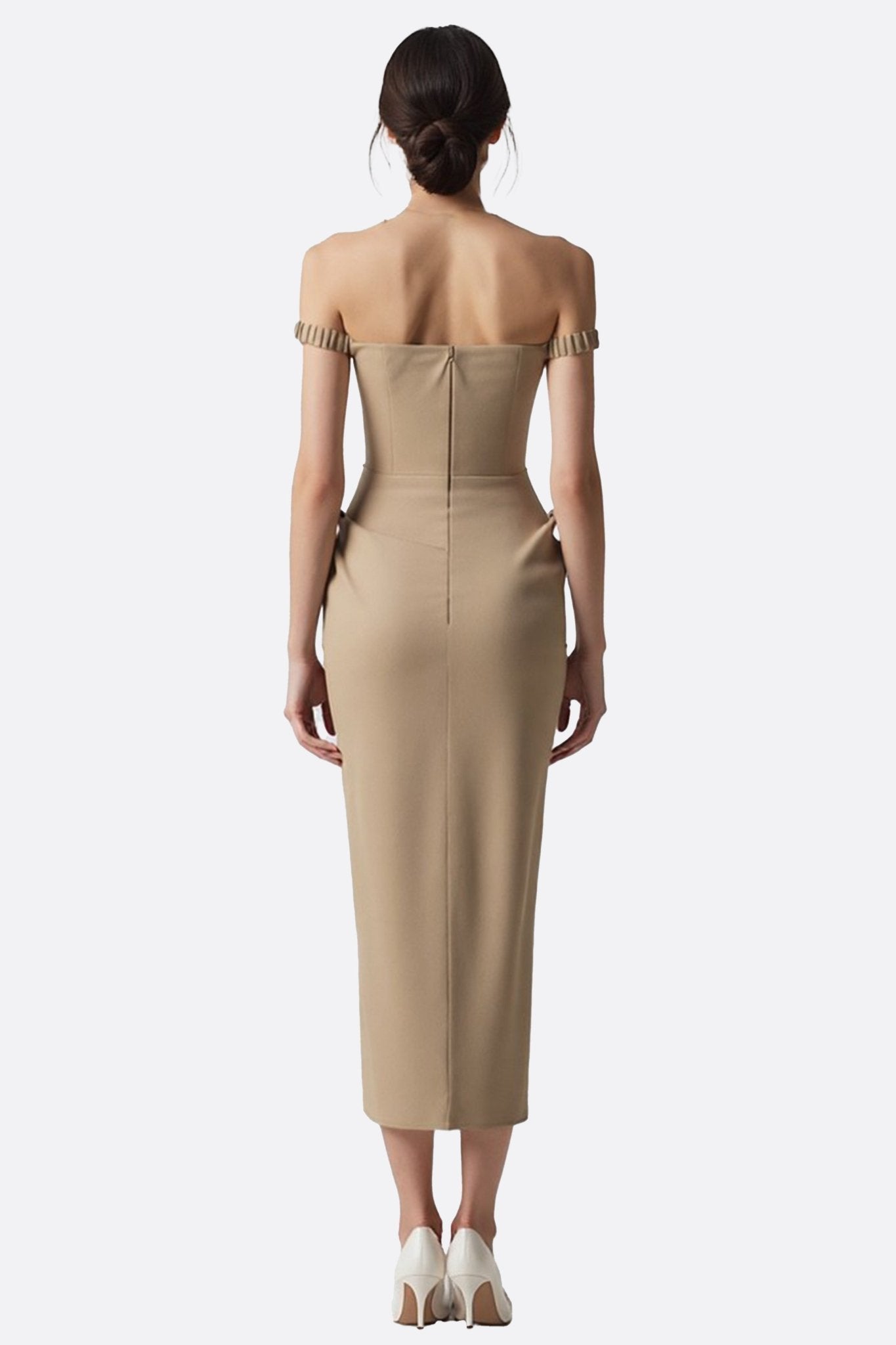 Beige Crepe Draped Midi Dress with Contrast Neckline