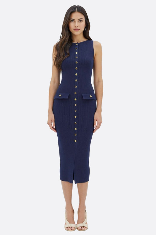 Navy Blue Ribbed Knit Sleeveless Midi Dress with Gold Buttons