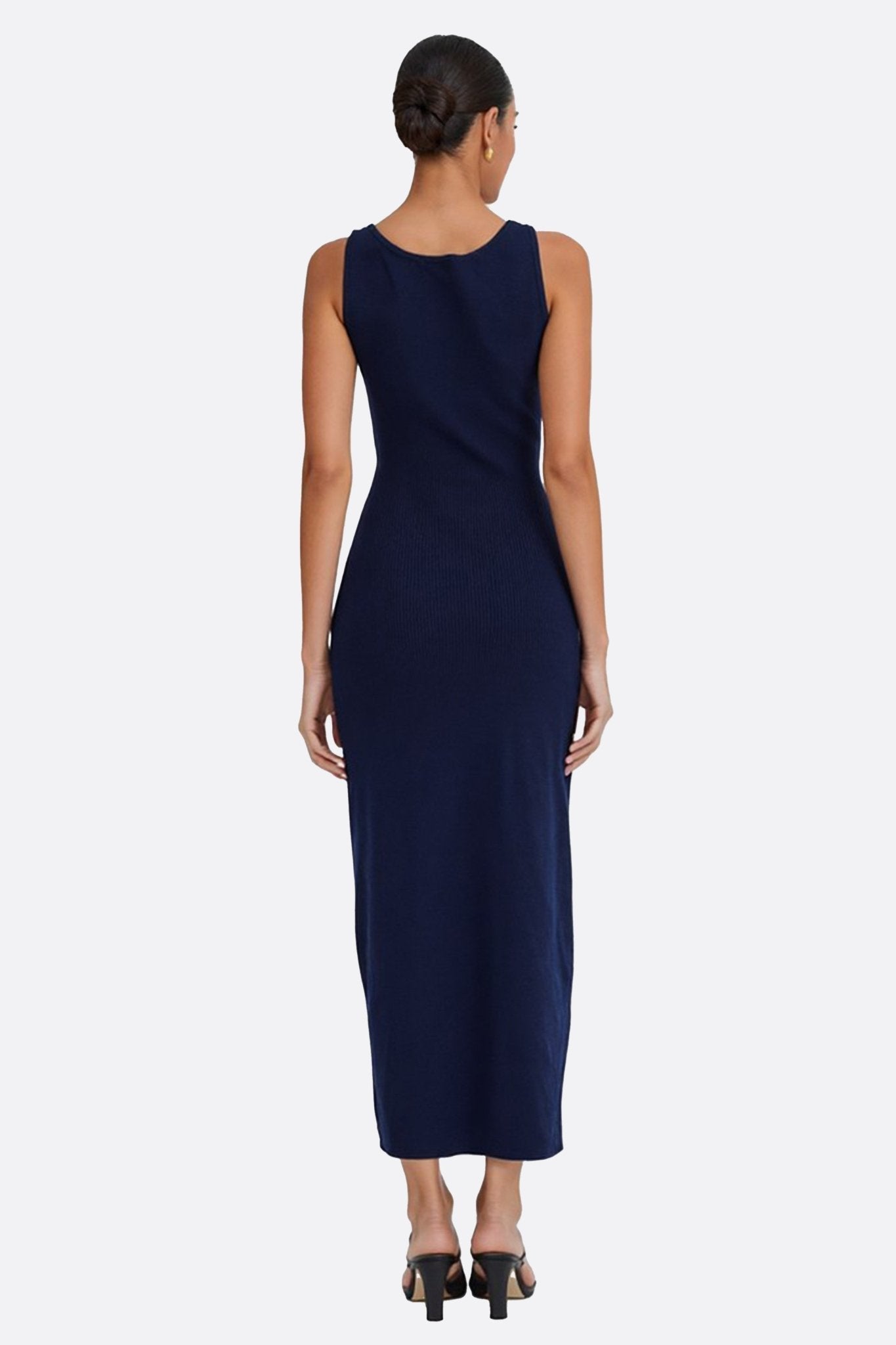 Navy Blue Ribbed Knit Sleeveless Midi Dress with Gold Buttons