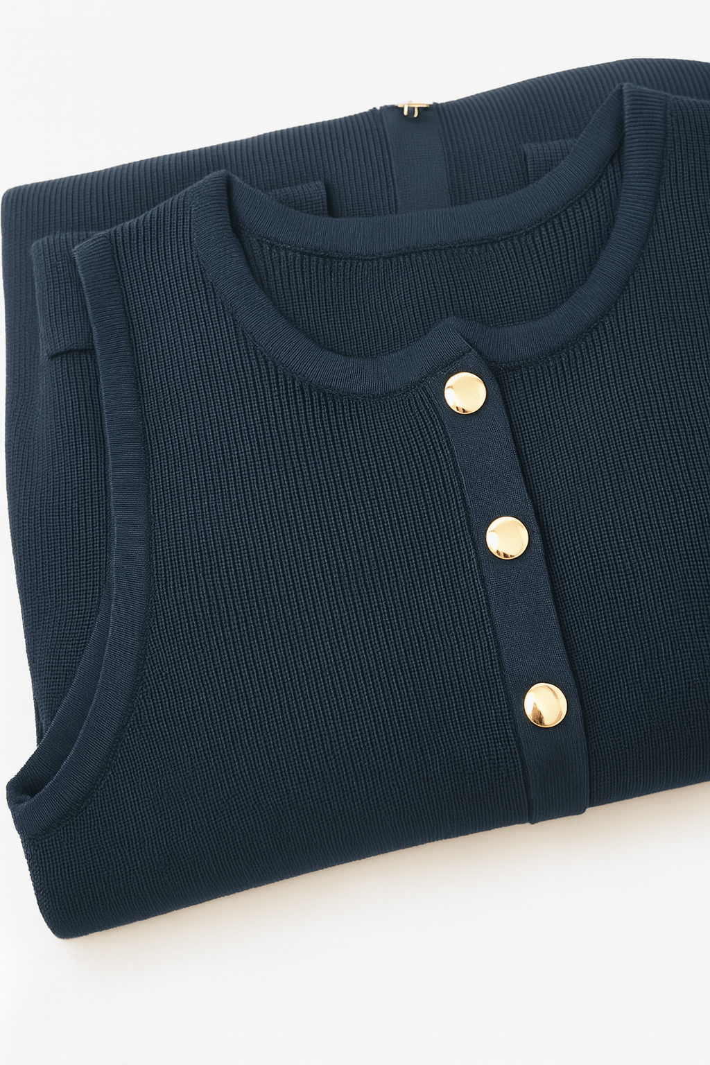 Navy Blue Ribbed Knit Sleeveless Midi Dress with Gold Buttons