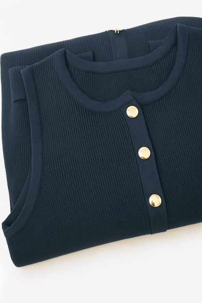 Navy Blue Ribbed Knit Sleeveless Midi Dress with Gold Buttons