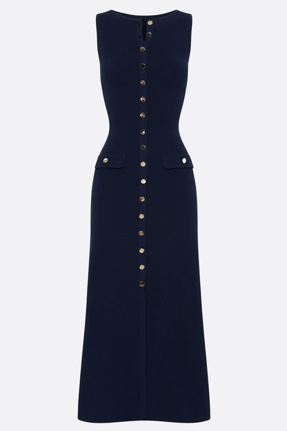 Navy Blue Ribbed Knit Sleeveless Midi Dress with Gold Buttons