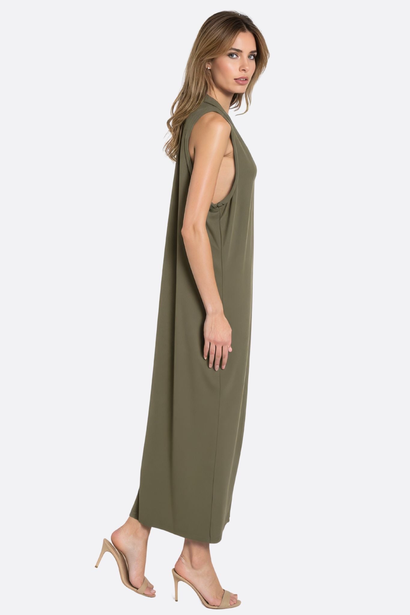 Khaki Green Sleeveless Maxi Dress