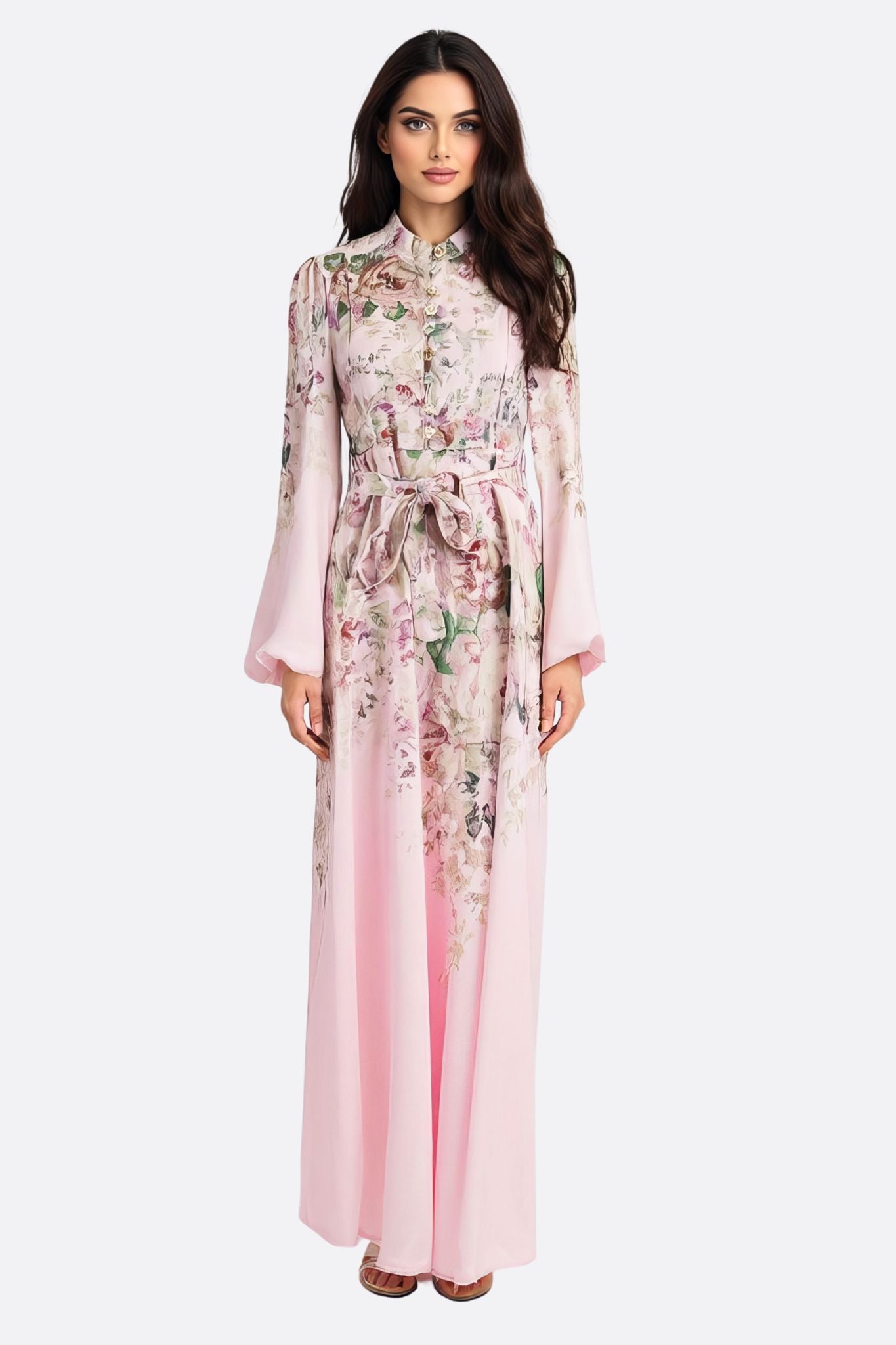 Pink Floral Maxi Dress with Jewel Buttons & Belt