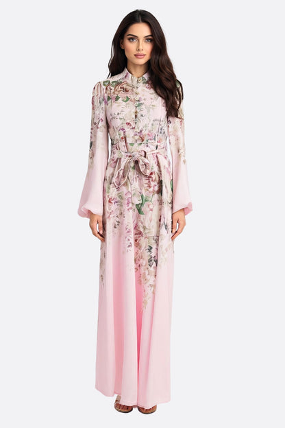 Pink Floral Maxi Dress with Jewel Buttons & Belt