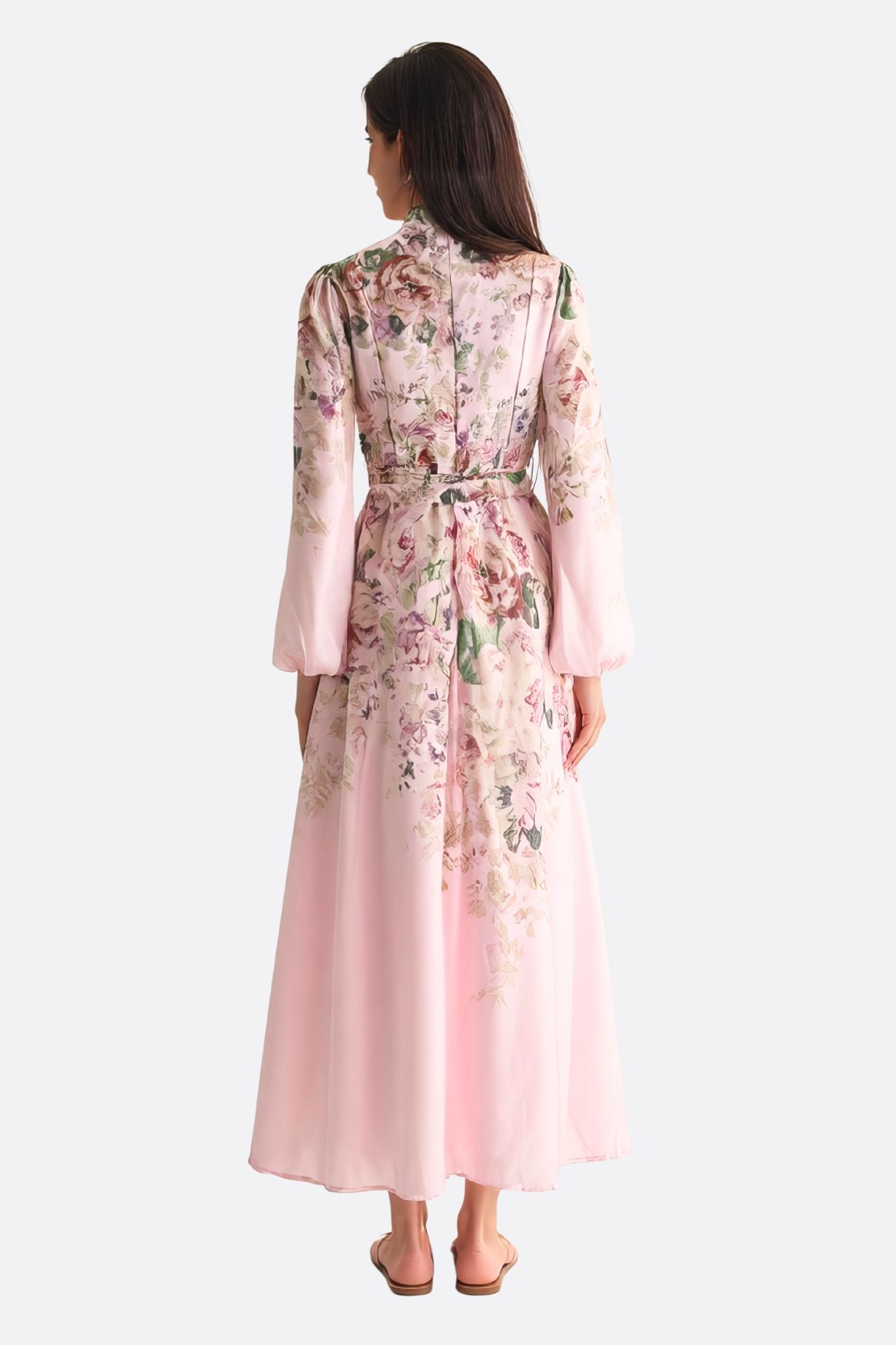 Pink Floral Maxi Dress with Jewel Buttons & Belt
