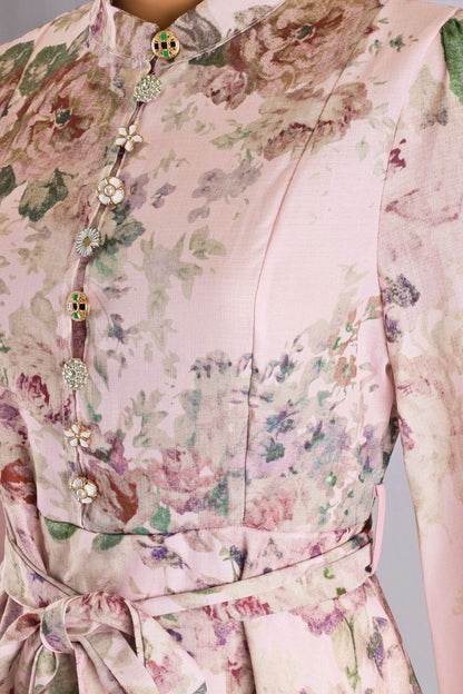 Pink Floral Maxi Dress with Jewel Buttons & Belt