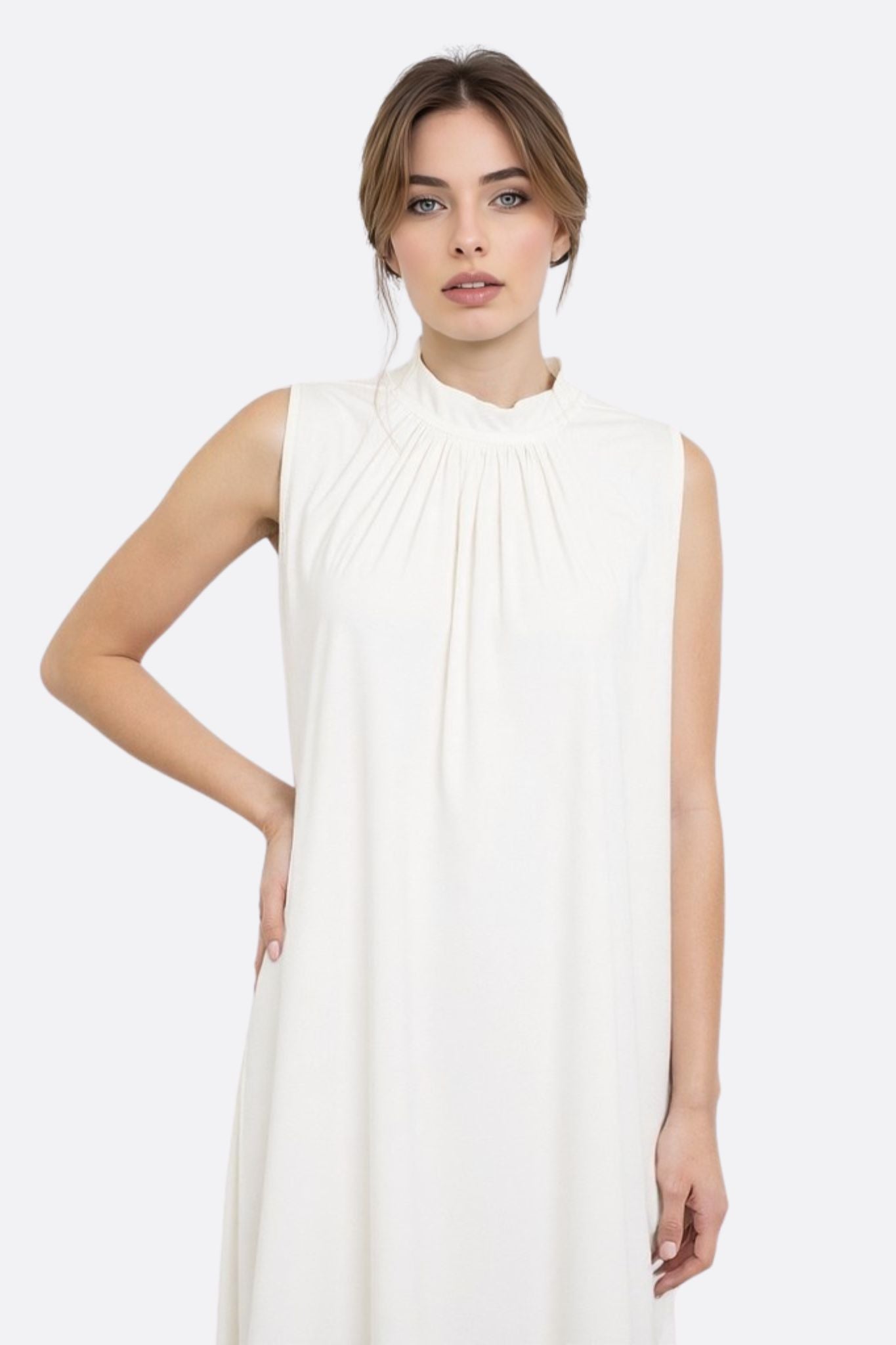 White Draped Neck Midi Dress