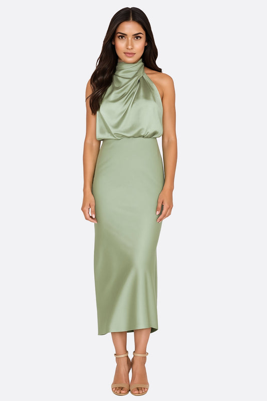 Sage Green Satin Draped Midi Dress