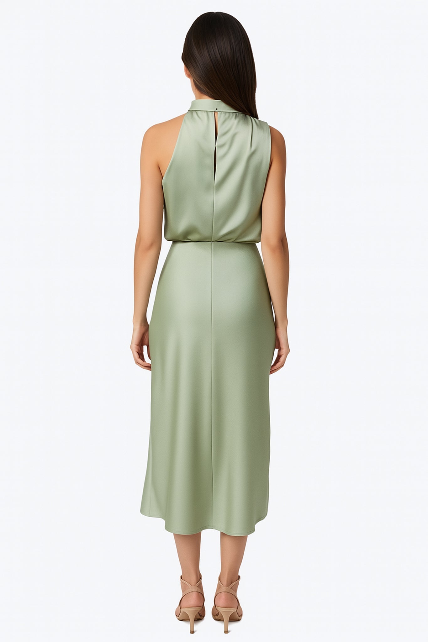 Sage Green Satin Draped Midi Dress