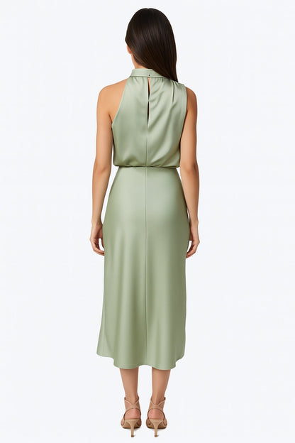 Sage Green Satin Draped Midi Dress