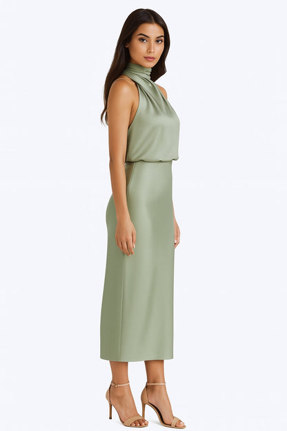 Sage Green Satin Draped Midi Dress
