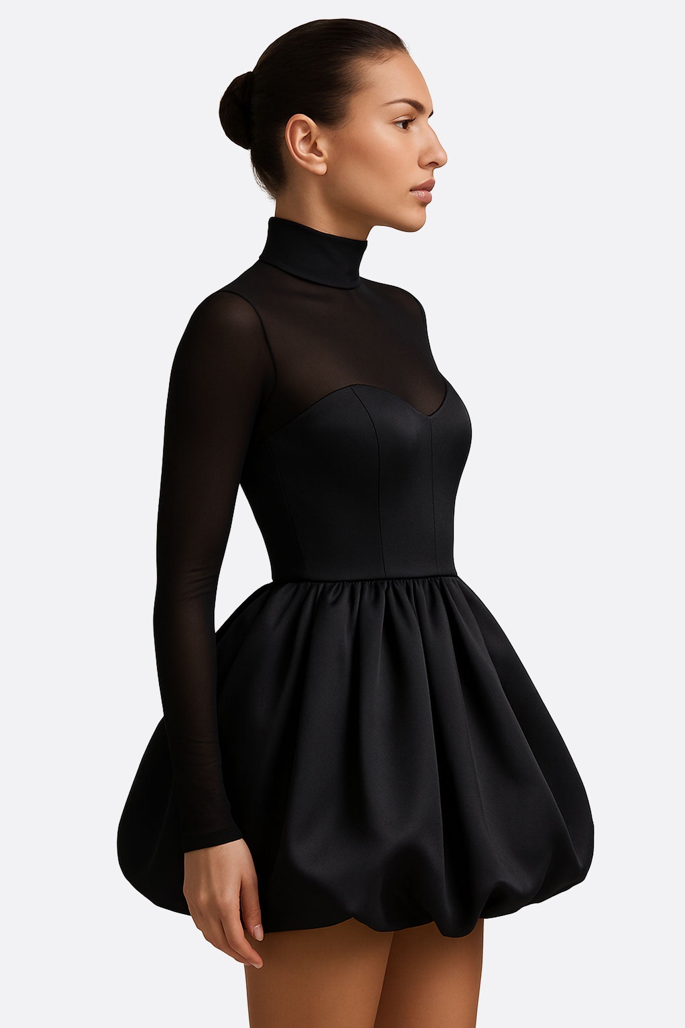 Black Tulle Puff Mini Dress with Sheer Long Sleeves