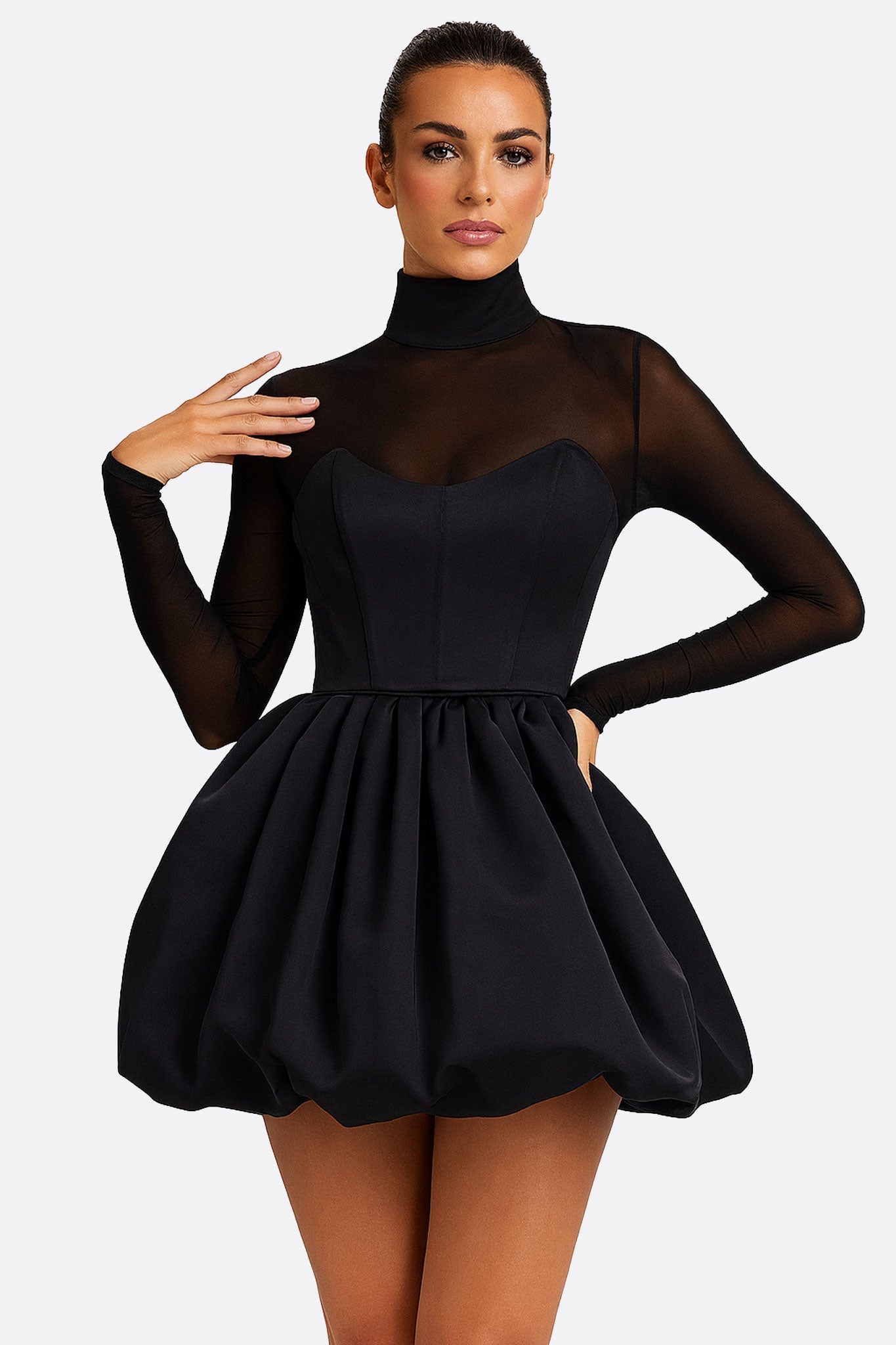 Black Tulle Puff Mini Dress with Sheer Long Sleeves