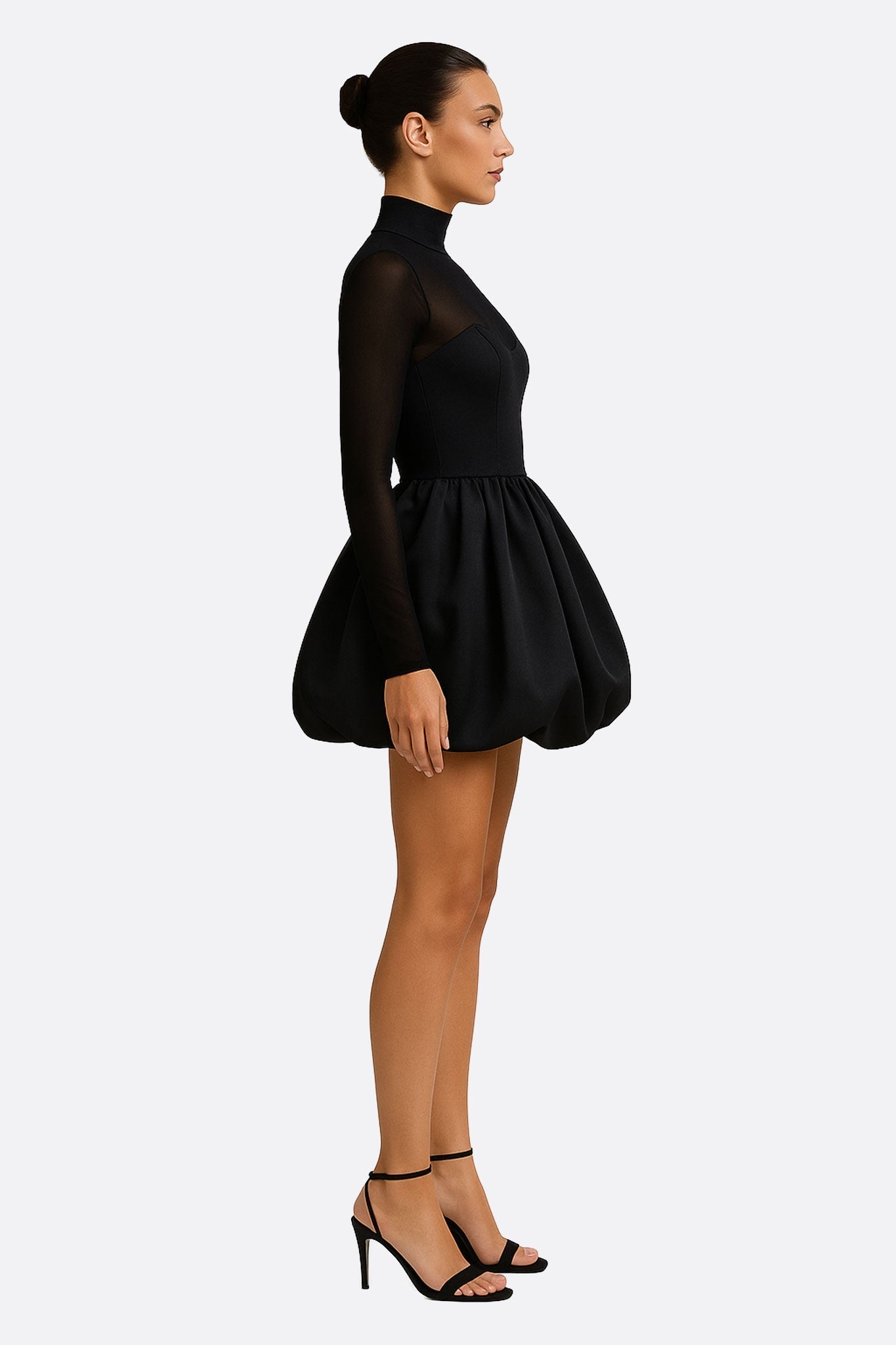 Black Tulle Puff Mini Dress with Sheer Long Sleeves