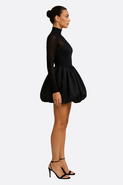 Black Tulle Puff Mini Dress with Sheer Long Sleeves