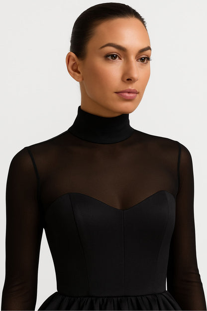 Black Tulle Puff Mini Dress with Sheer Long Sleeves